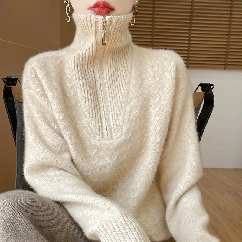 Women's Fashion Woolen Sweater Autumn/Winter New High Collar Half Zipper Hoodie Warm Collar Solid Color Loose Knitted Jumper Top