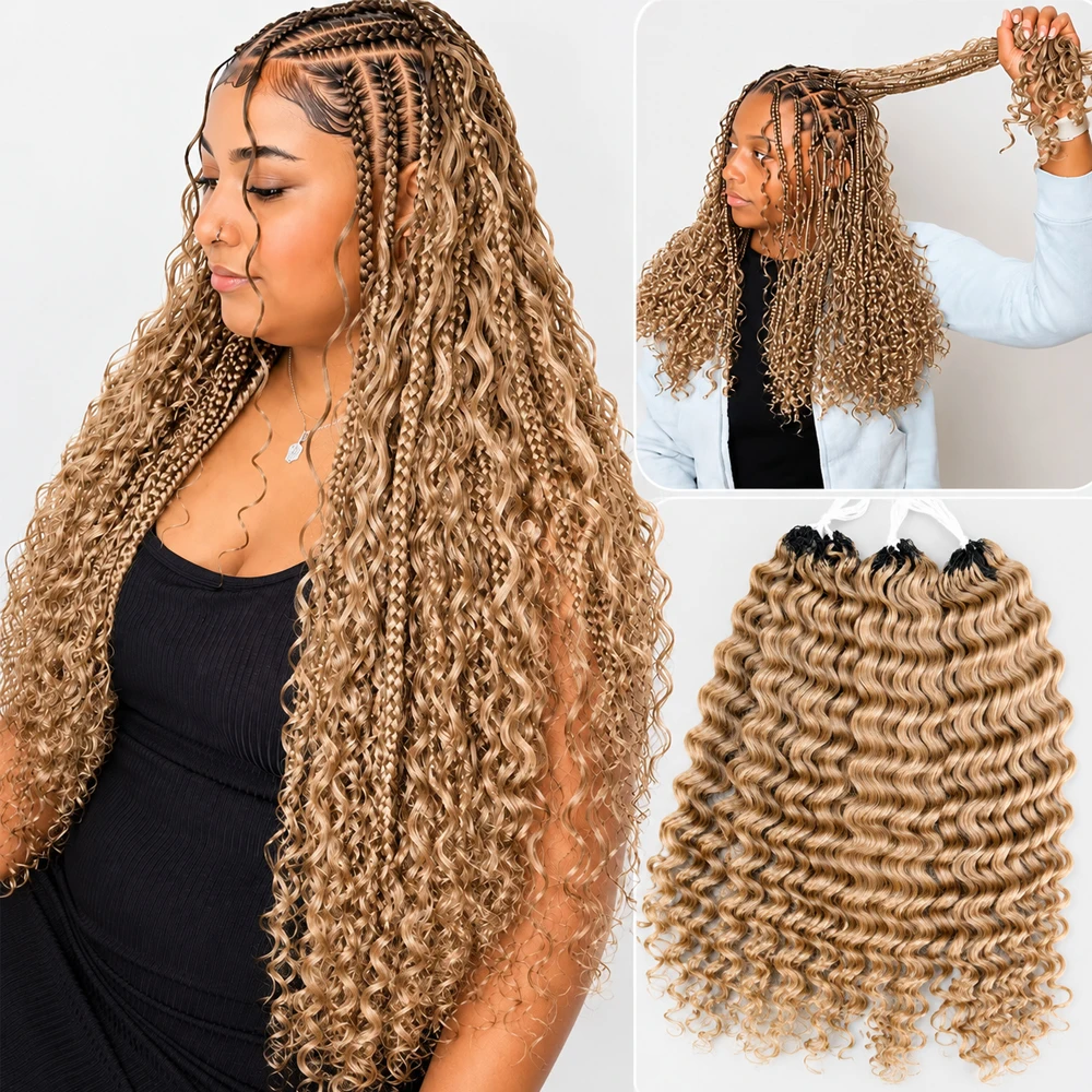 #27 Honey Blonde Deep Wave Crochet Hair Human Hair Extensions Miracle Knots Feather Knotless Pre Separated Braiding Hair With String Soft Curly Natural Texture Boho Braids Lightweight Reusable 60g/60 Strands