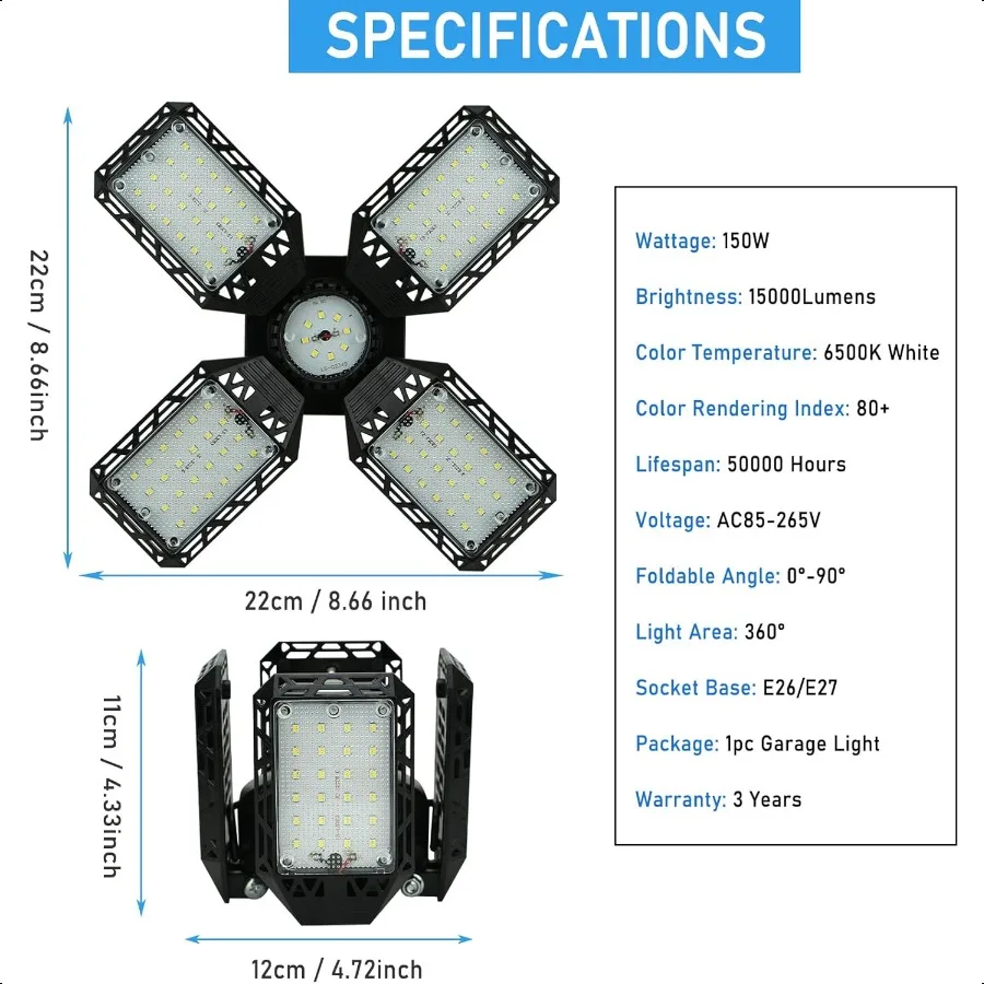 Luz led para garagem, luzes de teto deformáveis para garagem, 150w, 15000lm, 4 painéis ajustáveis, e26, e27, luzes de loja para porão, celeiro, funciona
