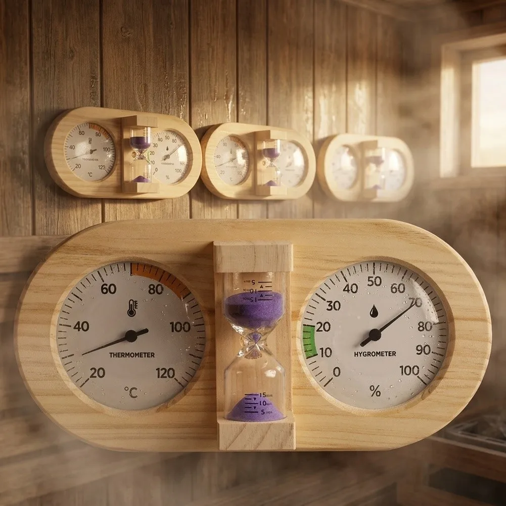 3-in-1 Wooden Sauna Thermometer Hygrometer With 15 Min Sand Timer For Home Spa Steam Room Heat Humidity Monitor Gauge