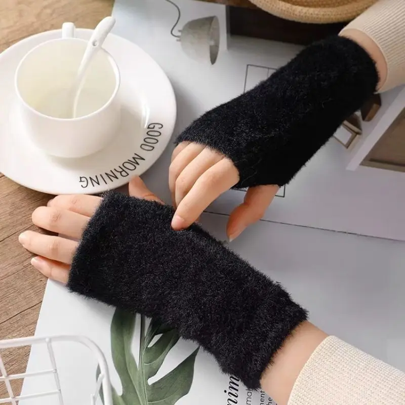 Women Winter Half Finger Gloves Soft Warm Wool Knitting Elastic Arm Gloves Fluffy Imitation Mink Mittens Fingerless Arm Warmer