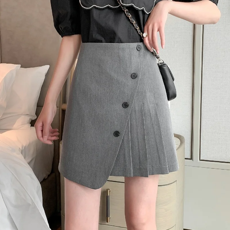 Women High Waist Pleated Chic Front Buttons Asymmetric Skirts 2024 Summer Casual Gray Short Mini Skirt Female Elegant Streetwear