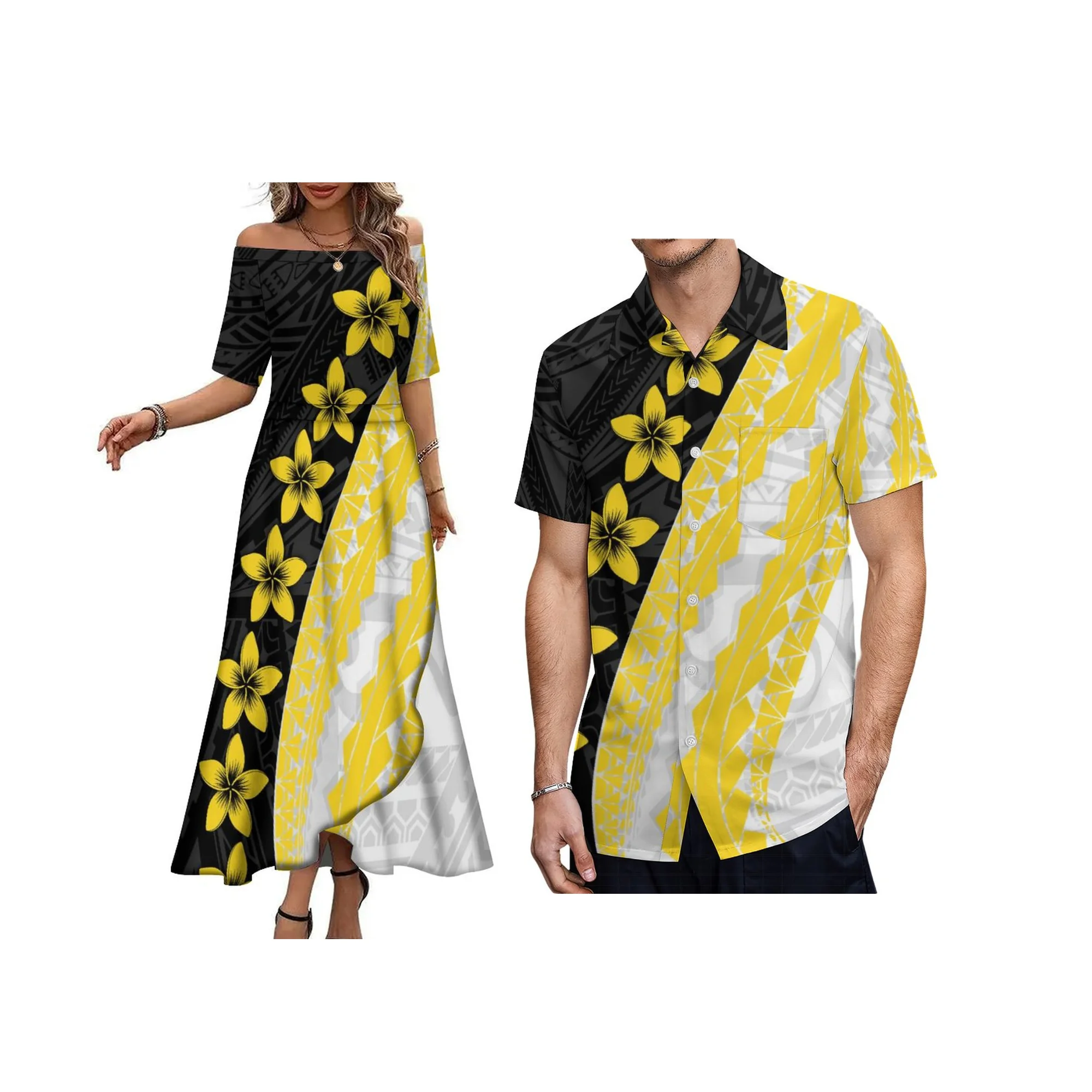 Hoge kwaliteit groothandel op maat Hawaii printontwerp off-shoulder damesjurk Samoaanse casual eilandjurk met halve mouwen