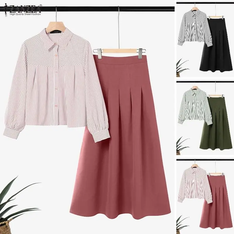 

2PCS Muslim Outfits ZANZEA Women 2 Pieces Sets Elegant Long Sleeve Striped Shirt Dress Suit Hijab Fashion Matching Sets Ramadan