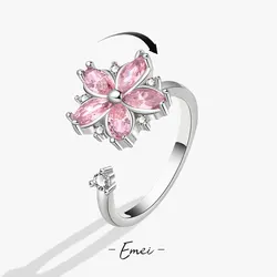 925 Sterling Silver Simple Crystal Pink Flower Finger Rings For Women Decompress Antidepressant Spin Ring Money 925