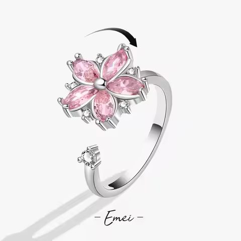 925 Sterling Silver Simple Crystal Pink Flower Finger Rings For Women Decompress Antidepressant Spin Ring Money 925