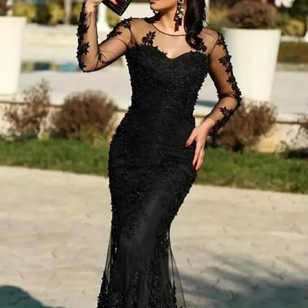 2024 Black Lace Mermaid Evening Gown Illusion Long Sleeve Sheer Neck Floor Length Flare Formal Occasion Dress Prom Party Dress