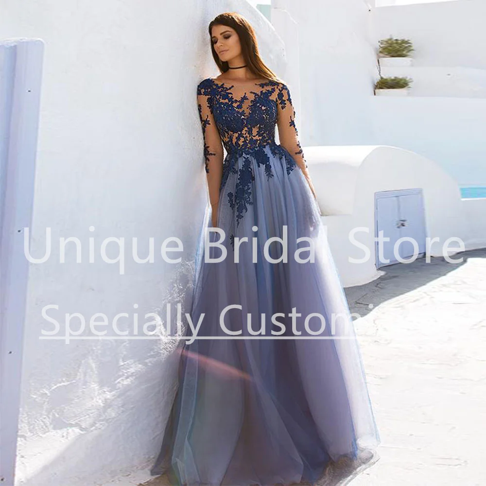 Blue A-Line Evening Party Dresses Tulle Scoop Neck Backless Covered Button Long Sleeve Applique Floor Length Classic Prom Gown