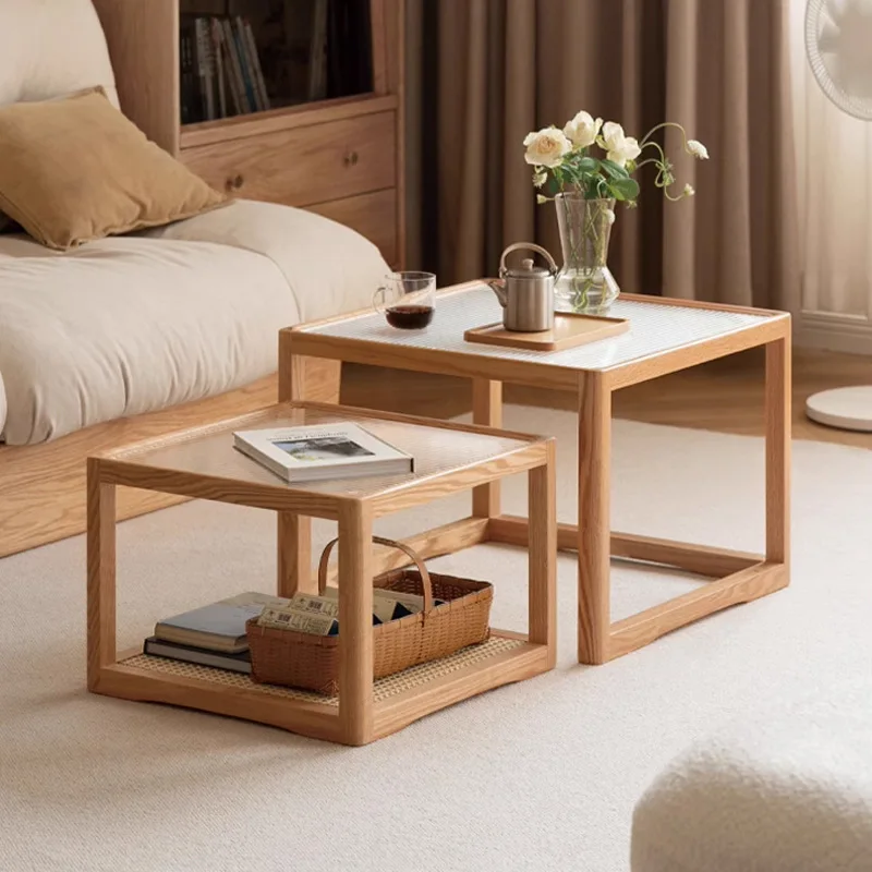 

Shunyi furniture solid wood glass coffee table designer log square table small apartment size combination rattan small tea table