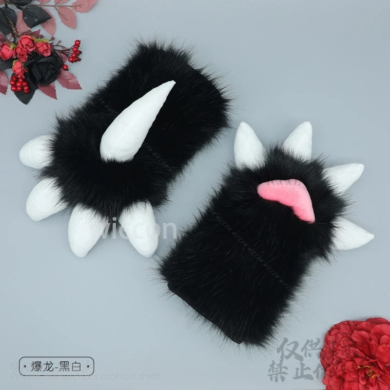 التنين مخلب باو كيغ فروي Fursuit قفازات لطيف كاواي أحمر أسود أبيض فرو الدعامة فتاة المرأة رجل هالوين البدلة تأثيري مخصصة