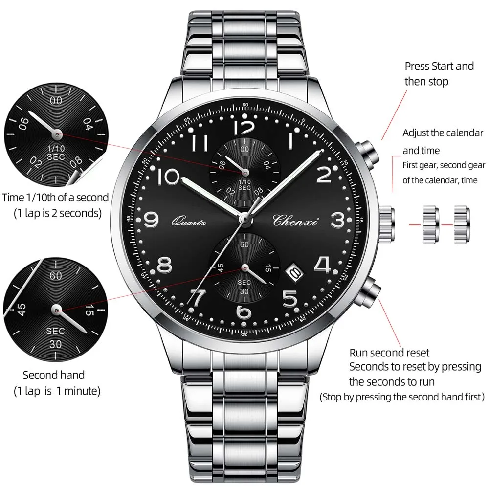 ساعة كوارتز رجالية متعددة الوظائف من CHENXI طراز كرونوغراف برتغالي الأكثر مبيعًا ساعة رجالية عصرية مضيئة مقاومة للماء