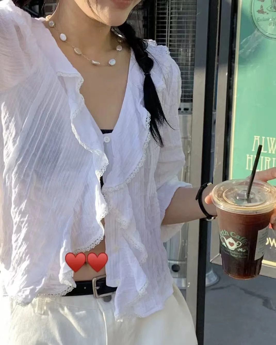 

Casual Vacation Shirt PREON Loose Fit Pure Cotton Long Sleeve V-Neck Short Length Versatile Lace Trim Female Fashion Spring 2026