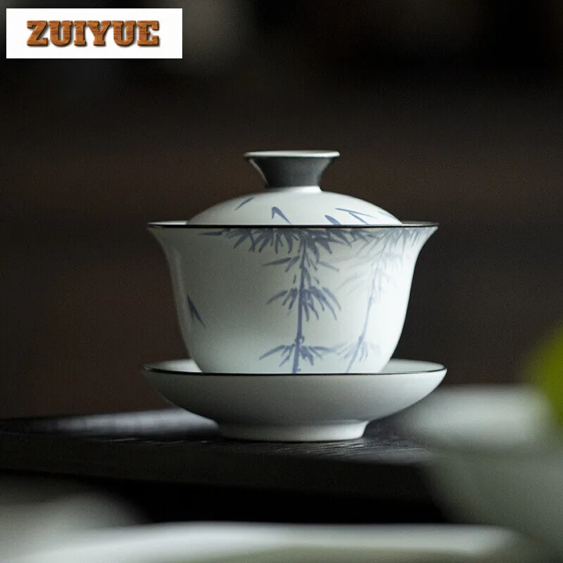 

175ml Soda Gray Glazed Handmade Cover Bowl Household Handpainted Bamboo Gaiwan Vintage Tea Tureen Tea Brewing Teaware Crafts