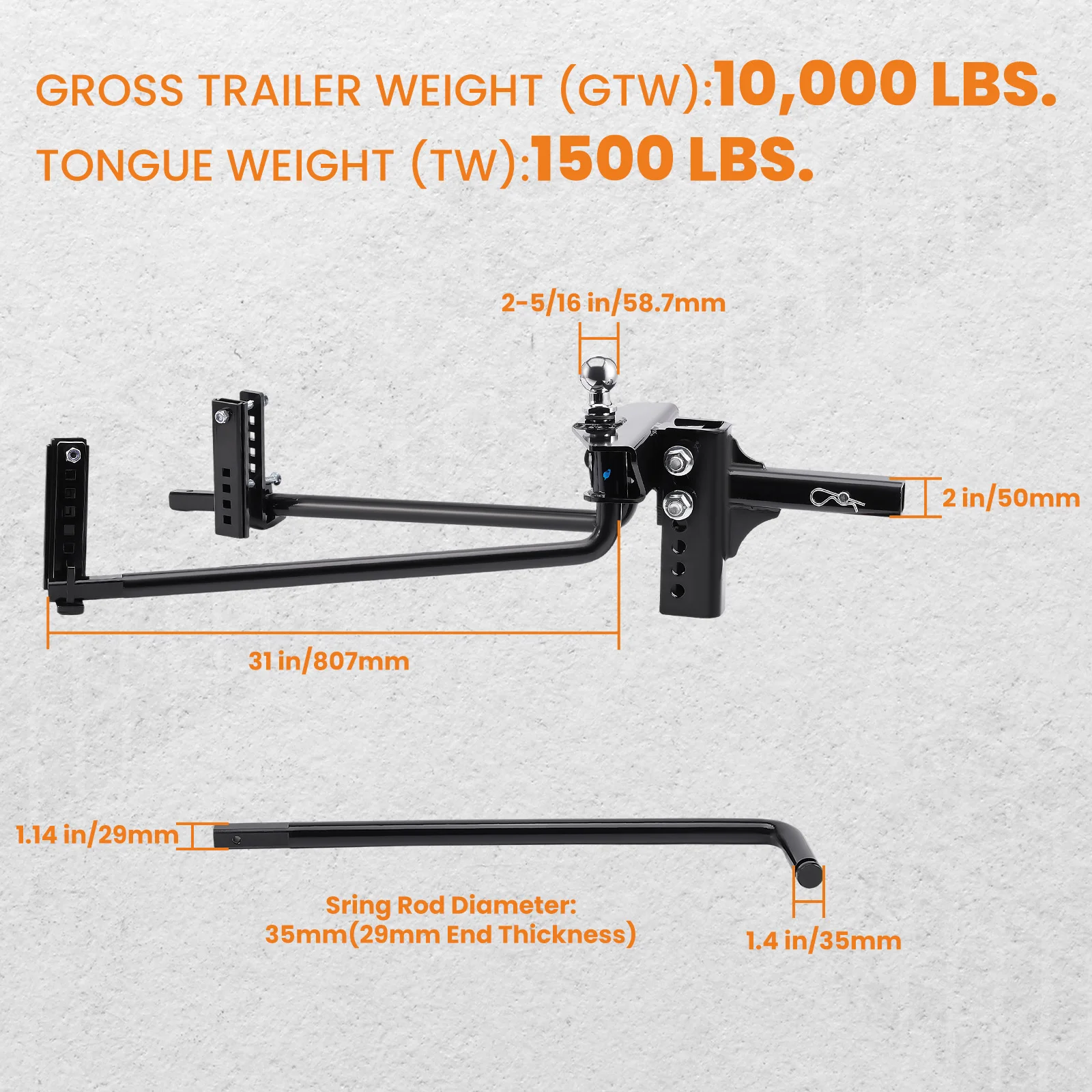 2.5 inch Drop, 6.5 in Adjustable Distribution Hitch Load Leveling  Heavy Duty Weight Distributing Hitch