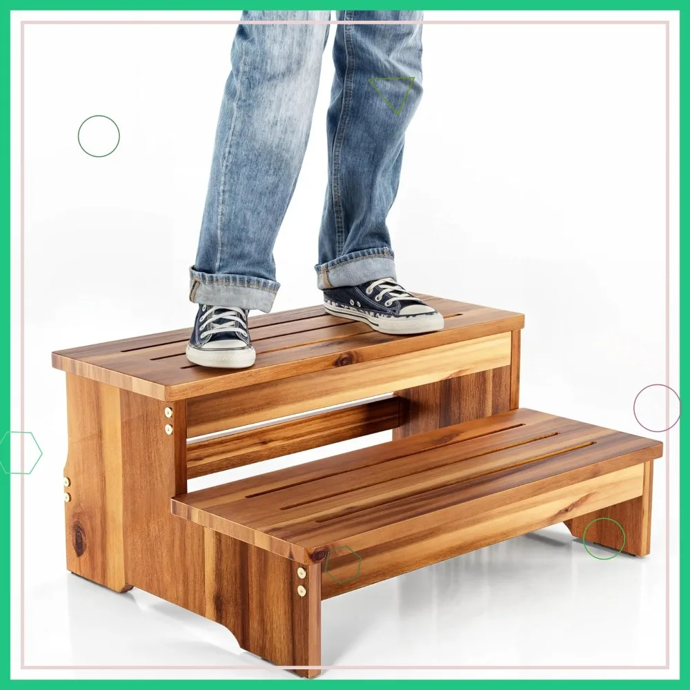 

25" Long Two Step Stool for Adults & Kids, 500 Lbs Capacity Acacia Wood Step Stool for Bed, Kitchen, Pool, Outdoor