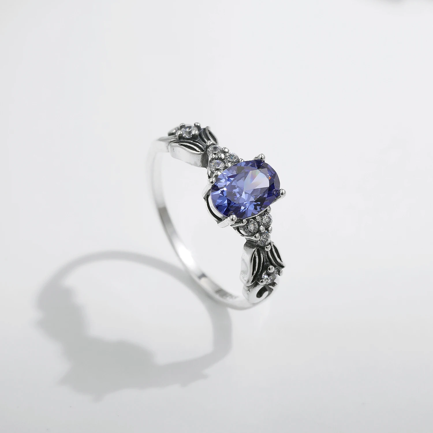 MODIAN 925 Sterling Silver Vintage Mermaid Tail Texture Rings Retro Tanzanite Color CZ Fashion Jewelry For Women And Girls