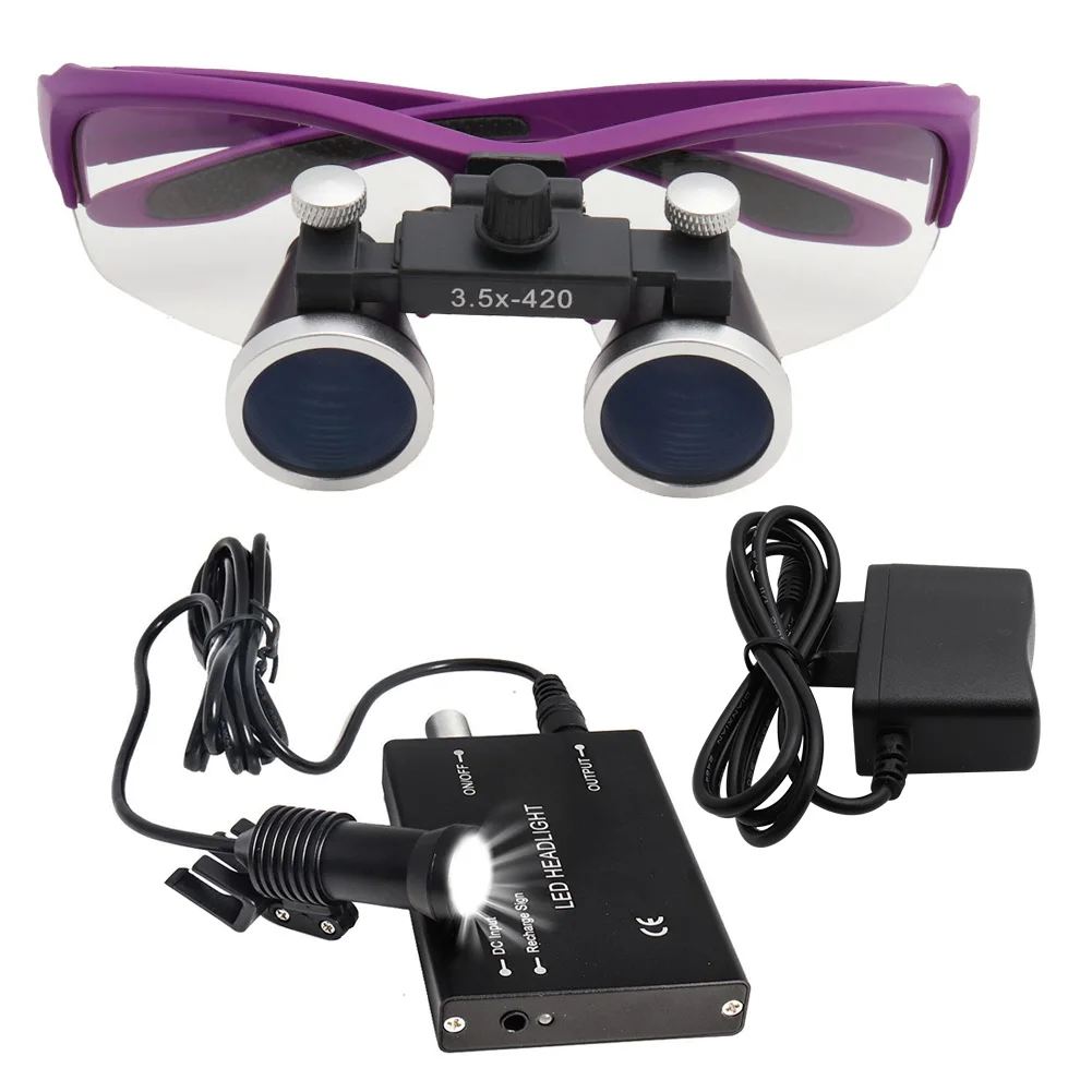 Lupas médicas do laboratório de lupa dental, Ampliação binocular, Farol, Farol, Roxo, 3W, 5W, 2.5 x, 3W