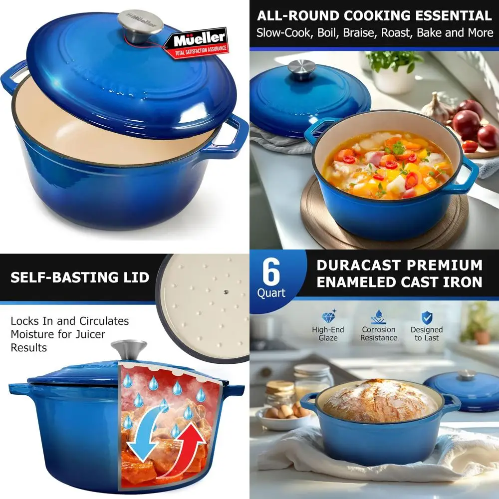 

Enameled Cast Iron Dutch Oven, 6 Quart, Heavy-Duty Casserole and Braiser Pan with Lid, Suitable for All Cooktops, Aqua Blue Fini