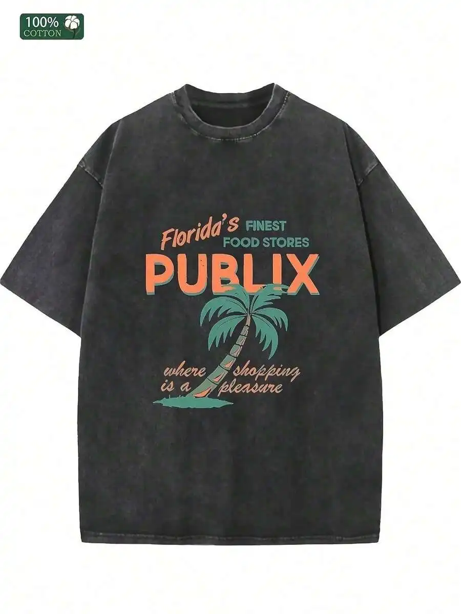 Florida Publix Graphic Modern Streets Tees, Pure Cotton Vintage Water Washed Men's T - Shirts, Gifts For Family And Friends, With Drooping Shoulder Sleeves And Round Neck