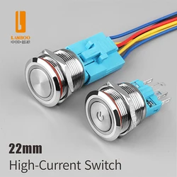 LANBOO 22mm Latching Momentary Metal Push Button Switch LED Light 12V 24V 220V 4 Screw Foot Car Power Button Switch