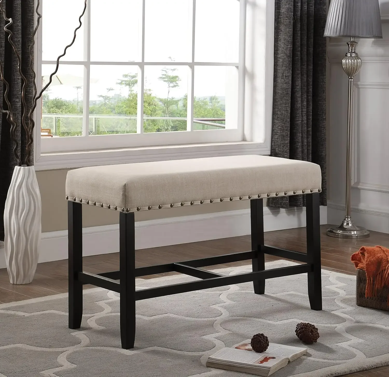 Furniture Biony Fabric Counter Height Dining Bench with Nailhead Trim, Tan