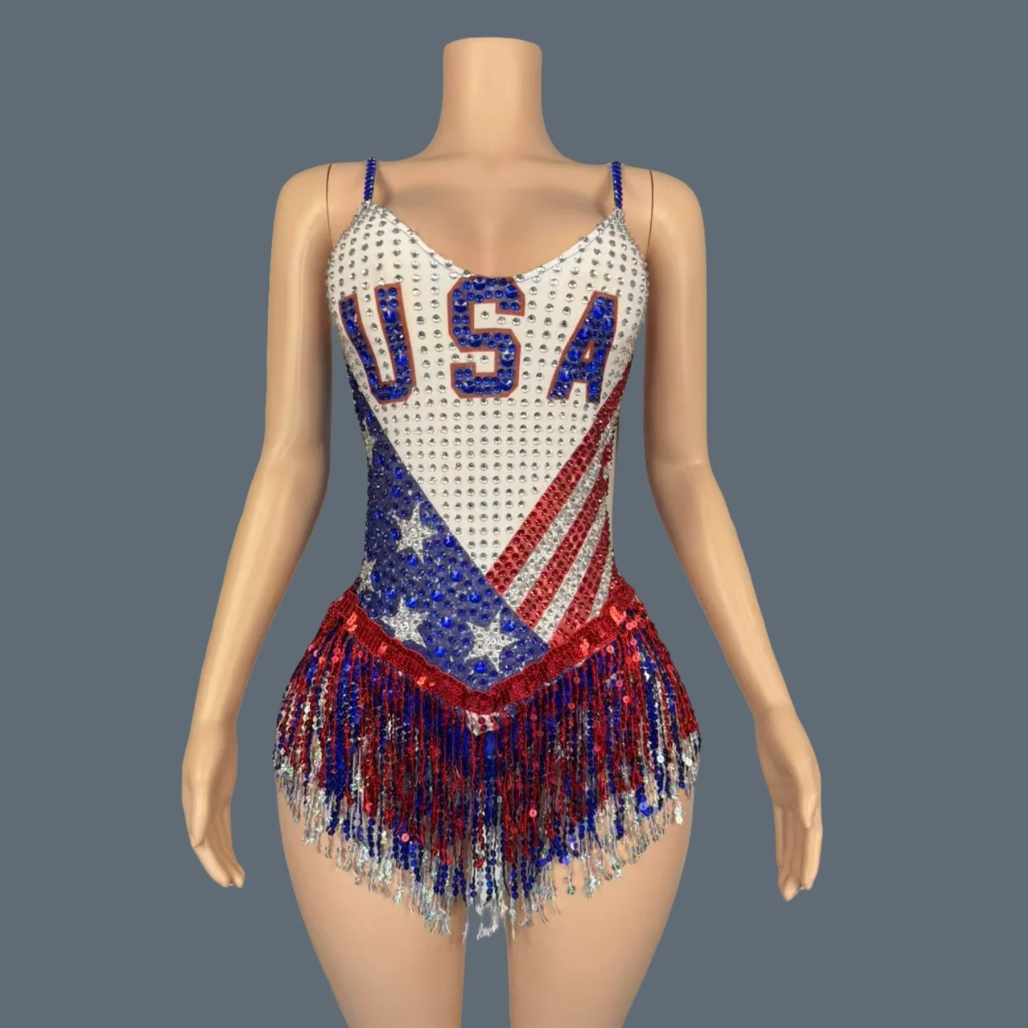 Classic Sparkly Rhinestone Sequins Tassel Bodysuit Stage Cheering Squad Wear gig Concert Party Outfit V Neck Bodysuit Honglan