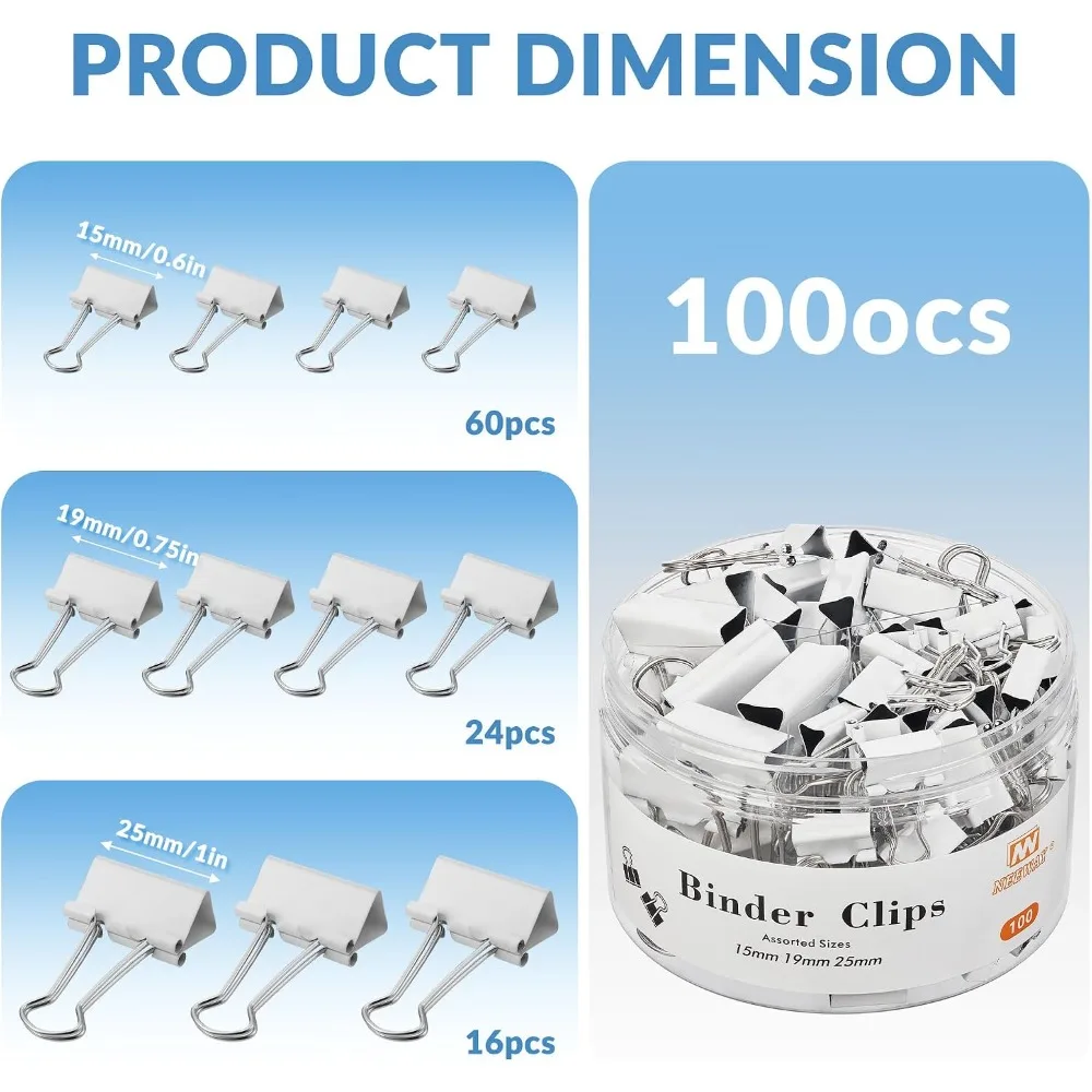 100 Binder Clips, 3 Sizes (0.6/0.75/1 Inch), White Metal Paper Clamps for Office & Home