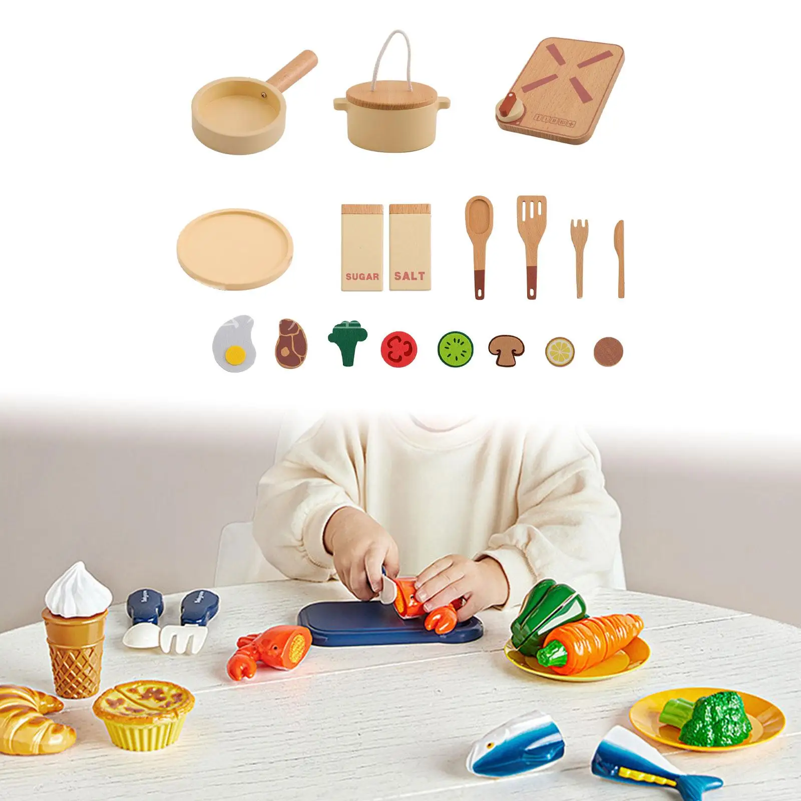 Pretend Play Cooking Toys,Pretend Play Kitchen Toys,Pretend Food Play for Kids Wooden Vegetables Playset