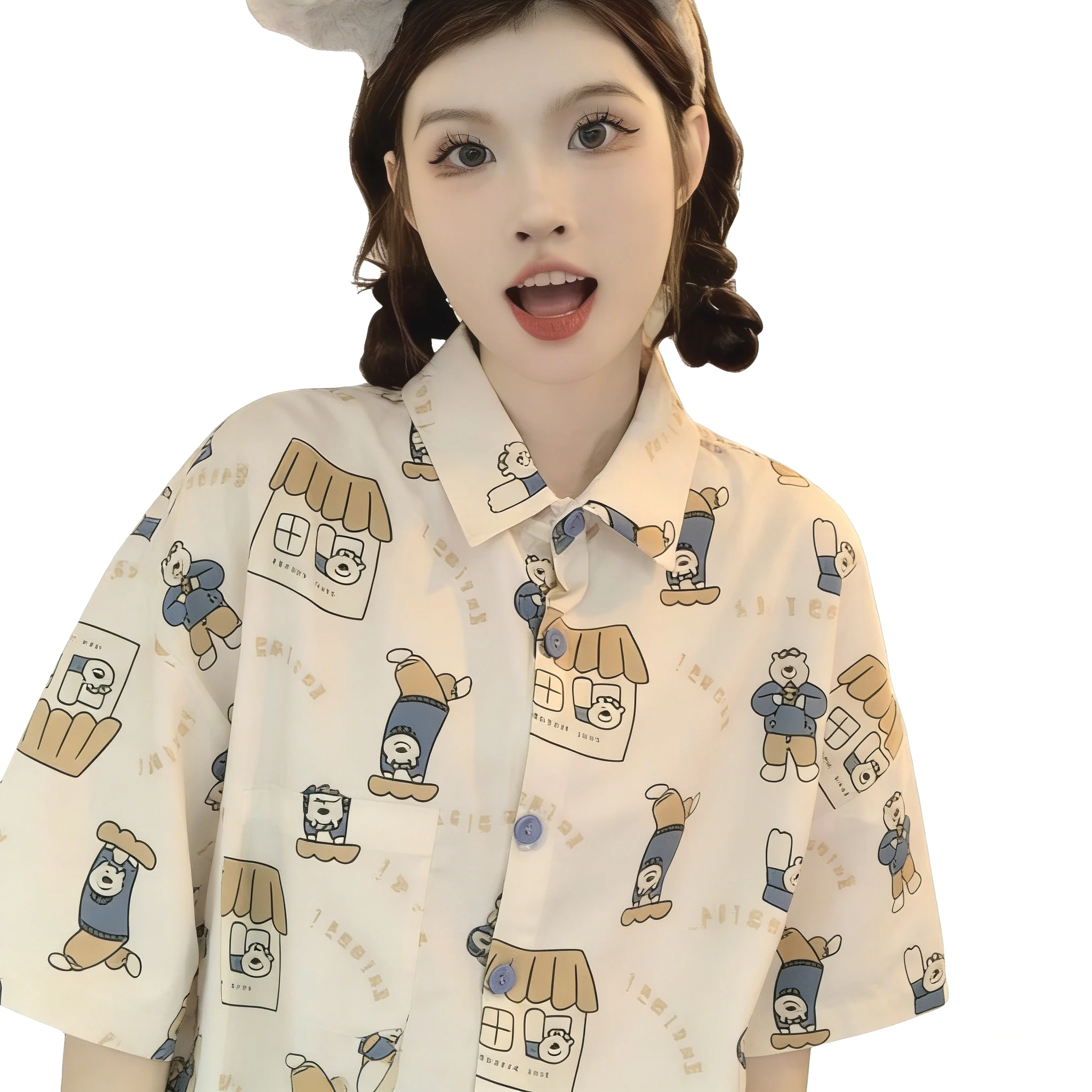 Kawaii Bear & House Print Short Sleeve Shirt Cute Cartoon Graphic Button Down Blouse Y2K Aesthetic Casual Top Sweet Preppy Style
