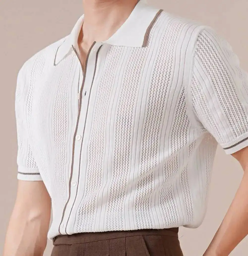 High Quality Linen Cotton SHort Sleeve Men's Knit Polo shirt  Gentleman  Hollow Out Lapel  Italian  Mannen Polo