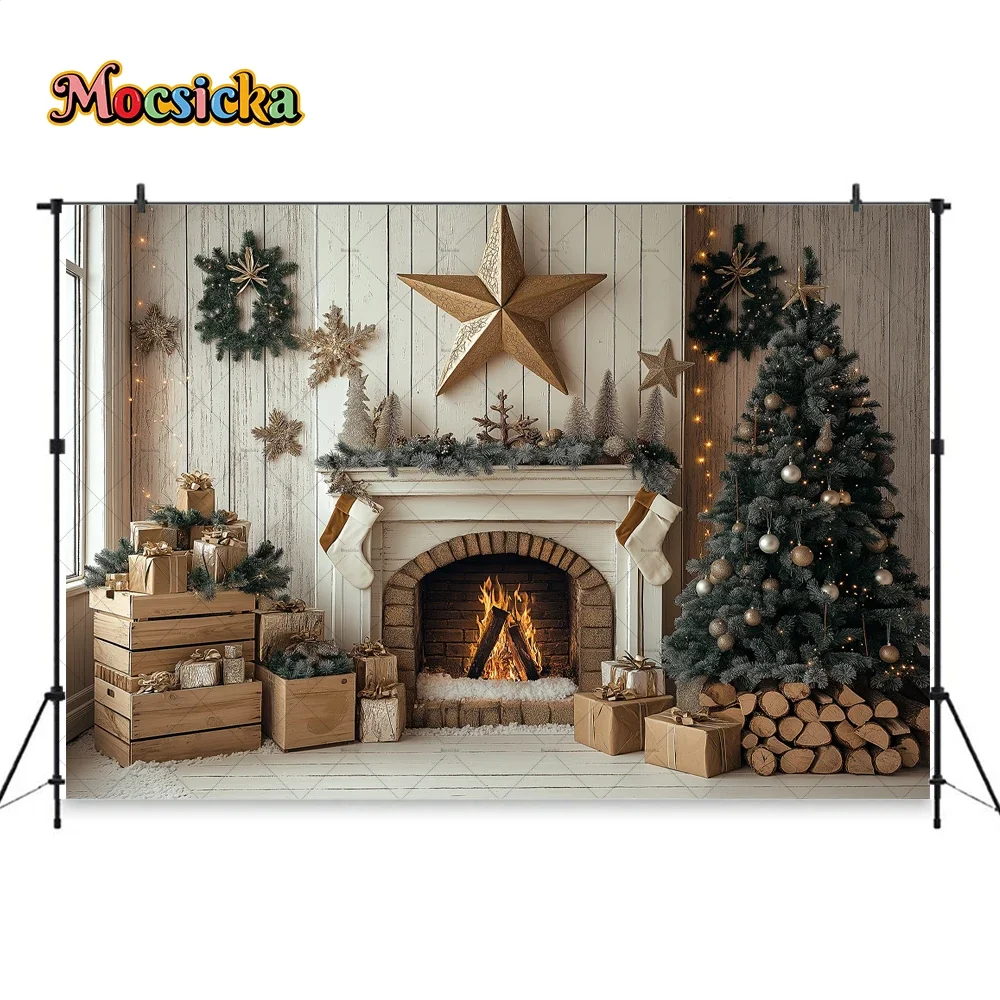 Retro Fireplace Photography Background Christmas Room Gold Xmas Star Pine Tree Gift Wooden Backdrop Kids Birthday Photo Studio