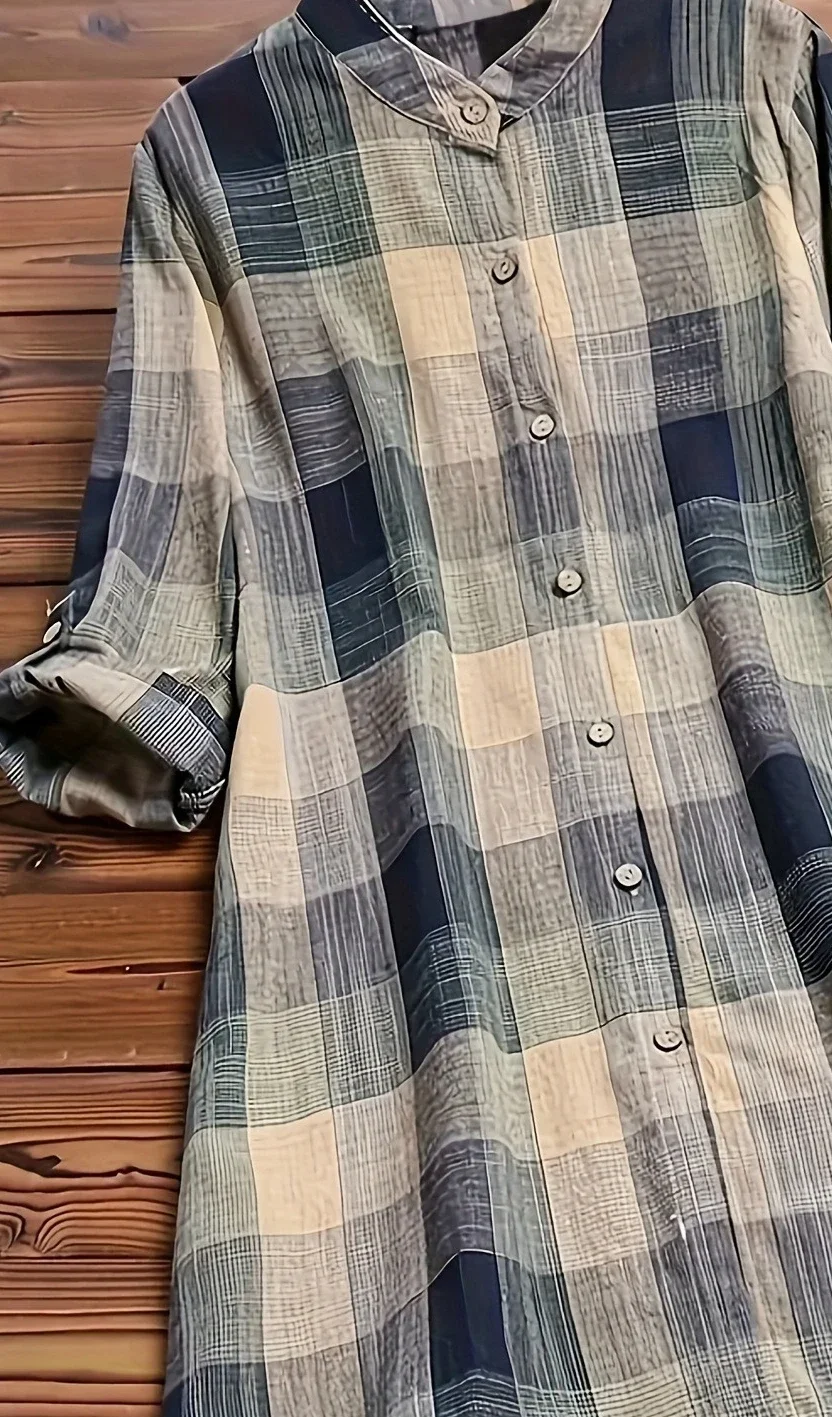 حجم كبير 1XL-5XL المرأة Colorblock شبكة طباعة بلوزة قميص السيدات عادية زر حتى نشمر كم بلوزة المرأة قميص الموضة #5