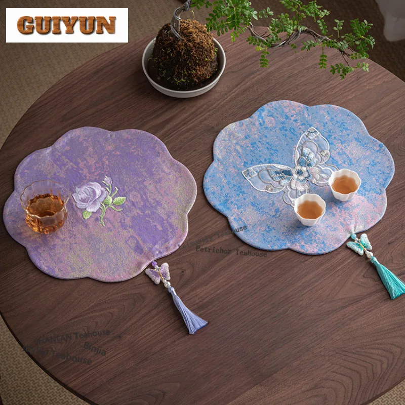 

Brocade Flower-shaped With Tassel Tea Table Mats Ancient Drink Coaster Dinner Table Cloth Mat Tea Ceremony Supplies Ornaments