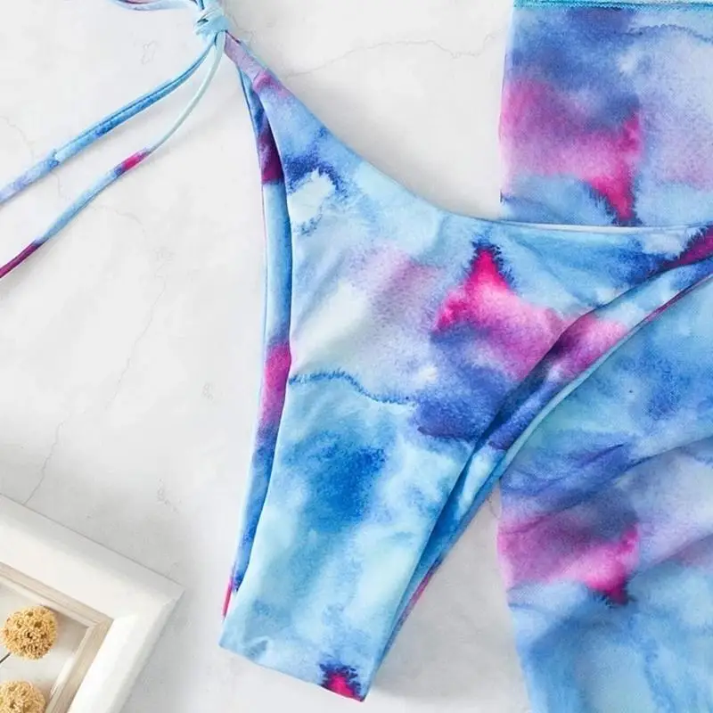 

U2JB Женские купальные костюмы на шнуровке Женский комплект из 3 предметов Купальник Tie Dye Холтер Бикини Набор