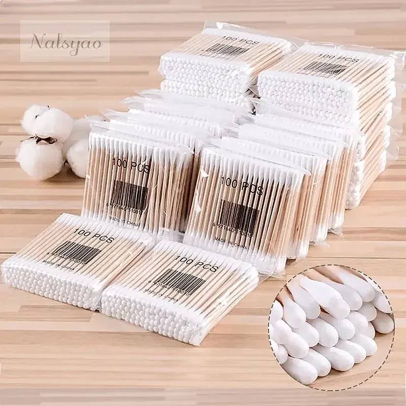 500pcs Double Head Wood Cotton Swabs for Nose Ears Cleaning Women Makeup Tools Lipstick Cotton Buds Tip Sticks