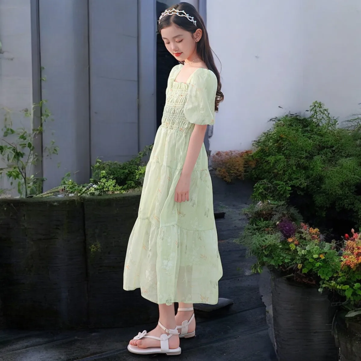 Girls Princess Dresses Baby Kids Flower Tutu Dresses Short Sleeve Green Prom Outfits Summer Children Costumes 4 6 8 10 12 Years