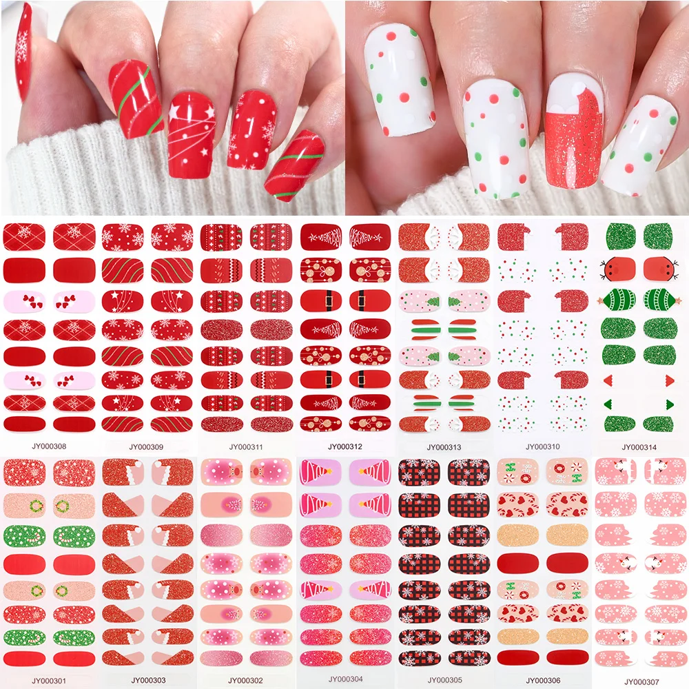 16tips Christmas Nail Art Sticker Xmas Tree Snowflake Baking Free Decals Self Adhesive Full Cover Nail Wraps DIY Decoration