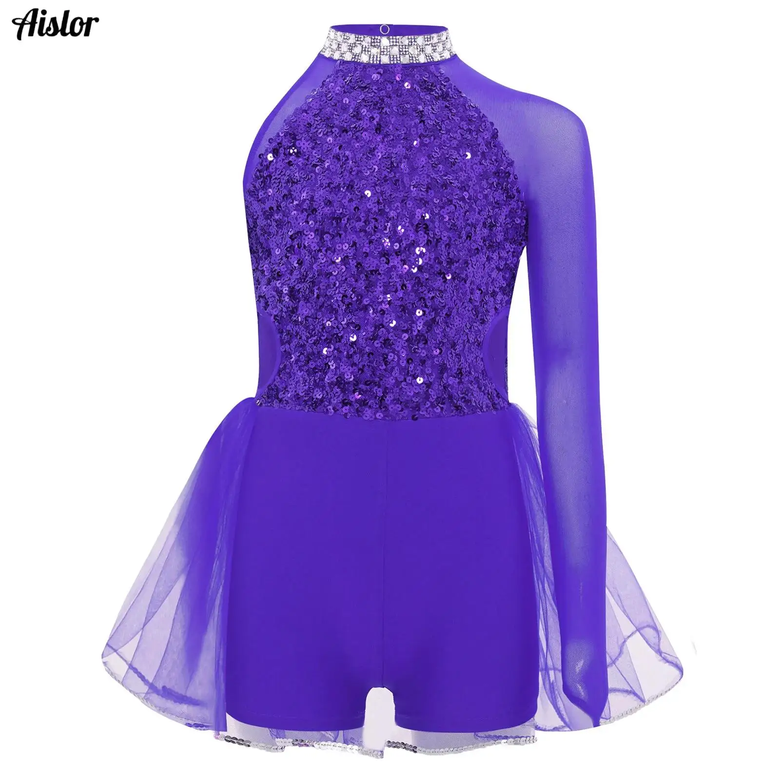 Kids Girls Jazz Dance Jumpsuit Ballet Leotard Asymmetrical Long Sleeve Sparkly Sequins Bodice Tulle Skirted Leotard Performance