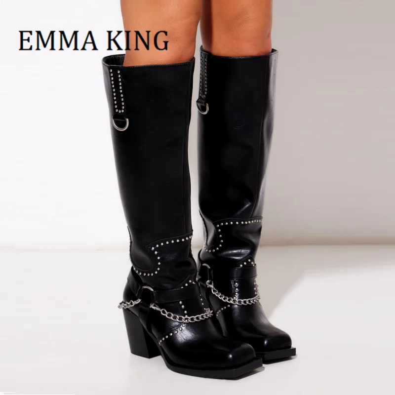 Black Square Toe Studded Knee High Boots Chain Detail Chunky Heels Long Boots Pull-on Style High Block Heel Shoes 35-43