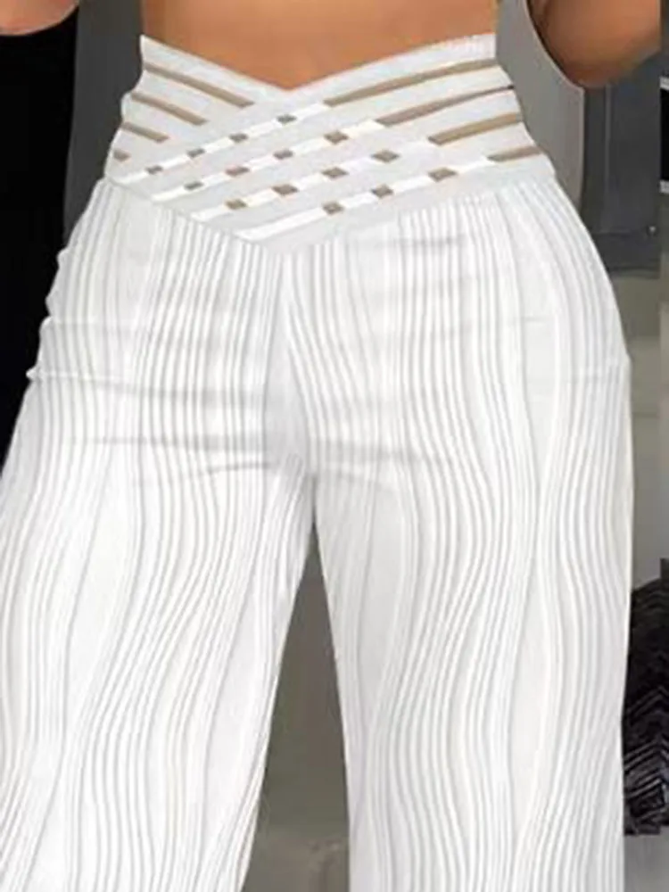 2023 Fashion Wide Leg White Pant Office Elegant  Sheer Mesh Patch Trousers Casual High Waist Flared Pants Black Women Clothing