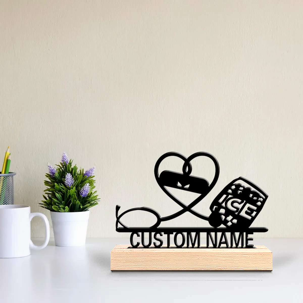 1pc stethoscope Customized Letter Metal Statue Iron Ornament Art Crafts With Wood Base Tin Statue Office Desk