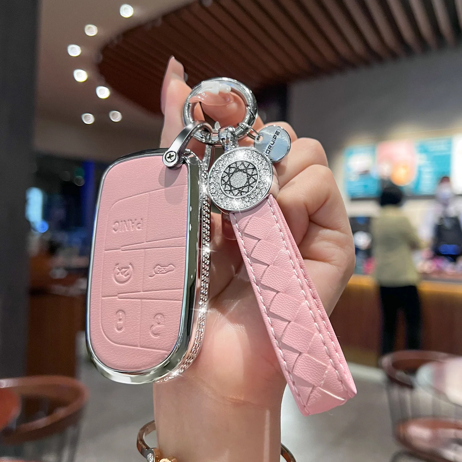 for Jeep Key Fob Cover with Keychain, Pink Genuine Leather Crystal Key Case Protection Shell Compatible with Jeep Smart Key 3 4