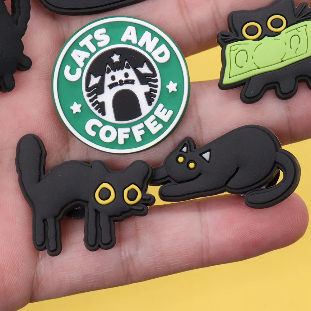 8-18Pcs Cartoon Cat Lover Person Coffee Flower Footprint Paw PVC Shoe Charms Hole Shoes Ornaments Sandals Accessories Kid Gift