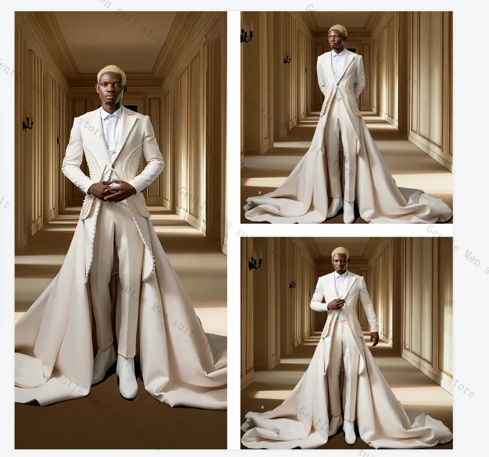 

Pearls White Men Suit Pants Set 2 Pcs Blazer+Trousers Long Train Wedding Groom Prom Coat Customized Formal Office Jacket Outfit