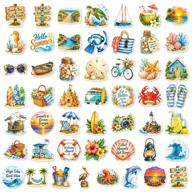 50/100/150PCS Colored Summer Beach PVC Sticky Sticker Phone DIY Decoration Japanese Stationery Journaling Scrapbooking Supplies