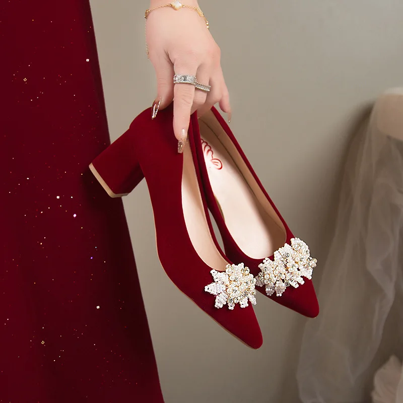 

2cm-7cm Women's Pumps and Heels Fad Flower Decoration Pointed Rhinestone Women's Shoes Red Pearl Wedding High Heels for Women