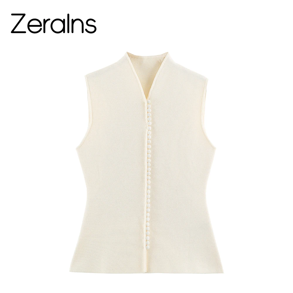 ZERAINS European and American style 2026 early autumn new product women's sleeveless V-neck buckle embellished knitted vest top