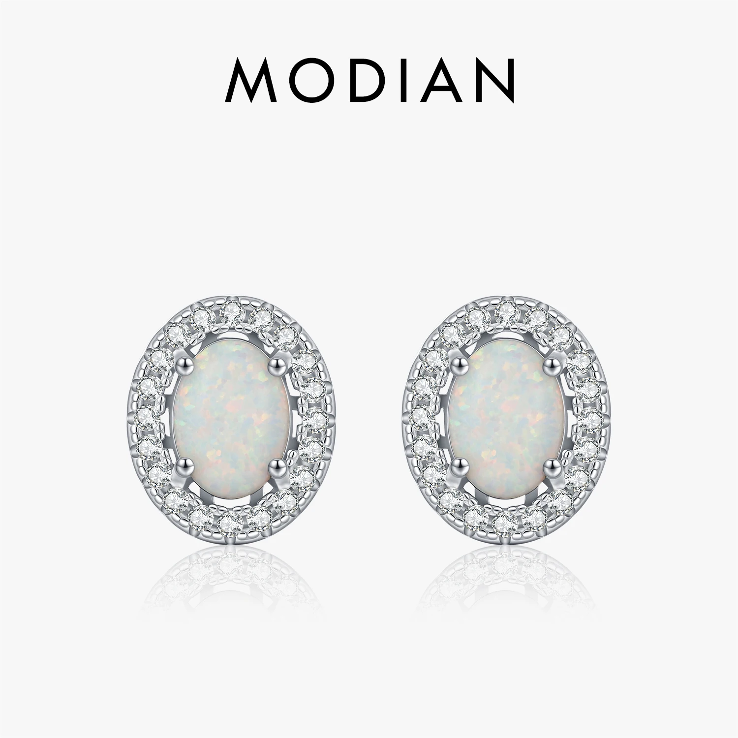 MODIAN 925 Sterling Silver Daily OL Ear Studs Elegant Oval Simulated Halo Opal Stud Earrings For Women Fine Jewelry