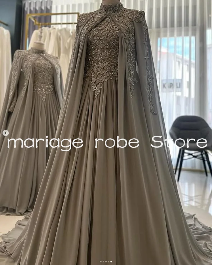 Silver Grap Muslim Caftan Morocco Prom Dresses with Cape Sleeve Luxury Embroidery Lace Customsized Kaftan Evening Gown