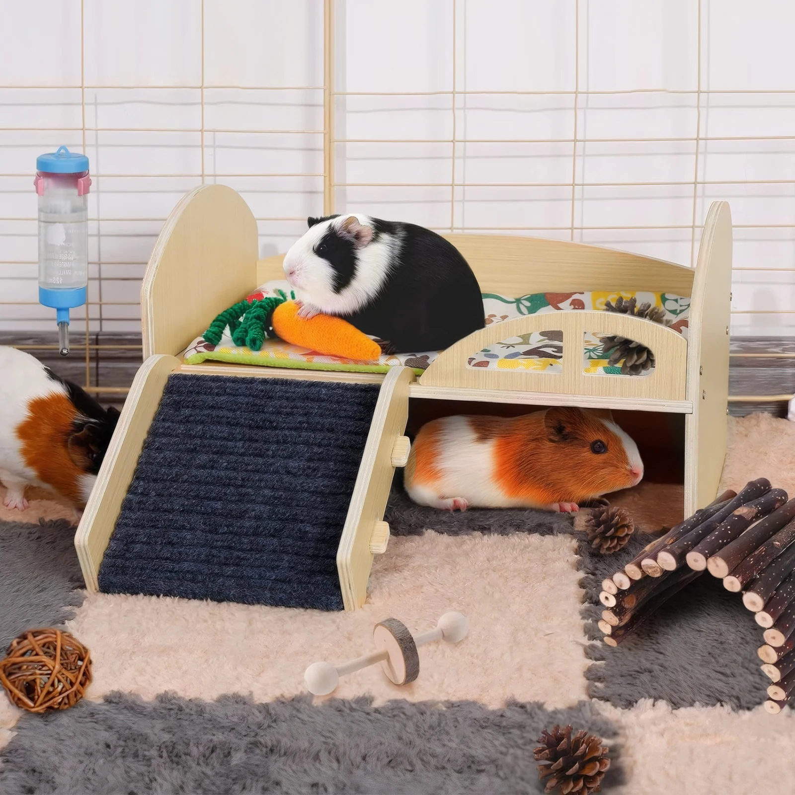 Guinea Pig Bed with Stable Stairs & Mat Wood Pet Toy Bed Washable Multi-Level Guinea Pig Castle for Hamsters Bunny Chinchillas view 2